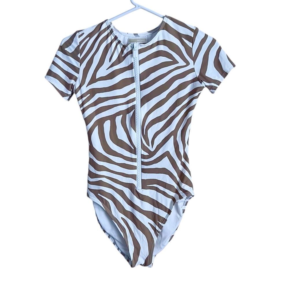 Michael Kors Animal Print One-Piece Swimsuit  Tan White Zebra Print Zip Front 8